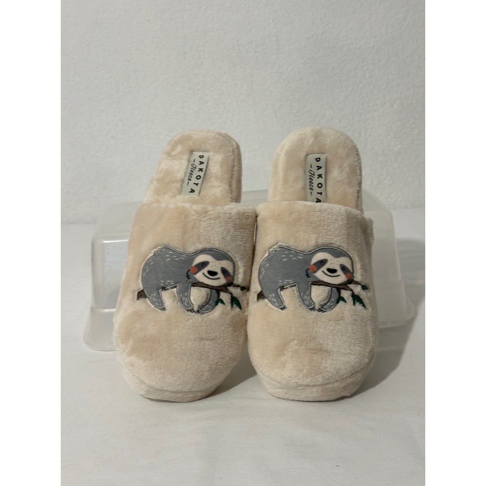 Dakota Fleece Sloth Embroidered Plush Slide Slippers Cream Beige Womens L 9/10